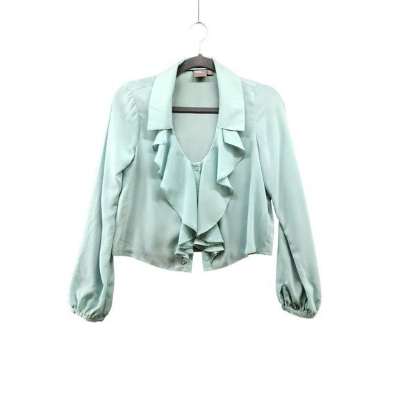 Asos Long Sleeve Chiffon Blouse Womens 0 (XS) Blue Ruffle V-Neck Button Front - Picture 1 of 11